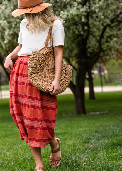 Red Brick Striped Pocket Midi Skirt Skirts