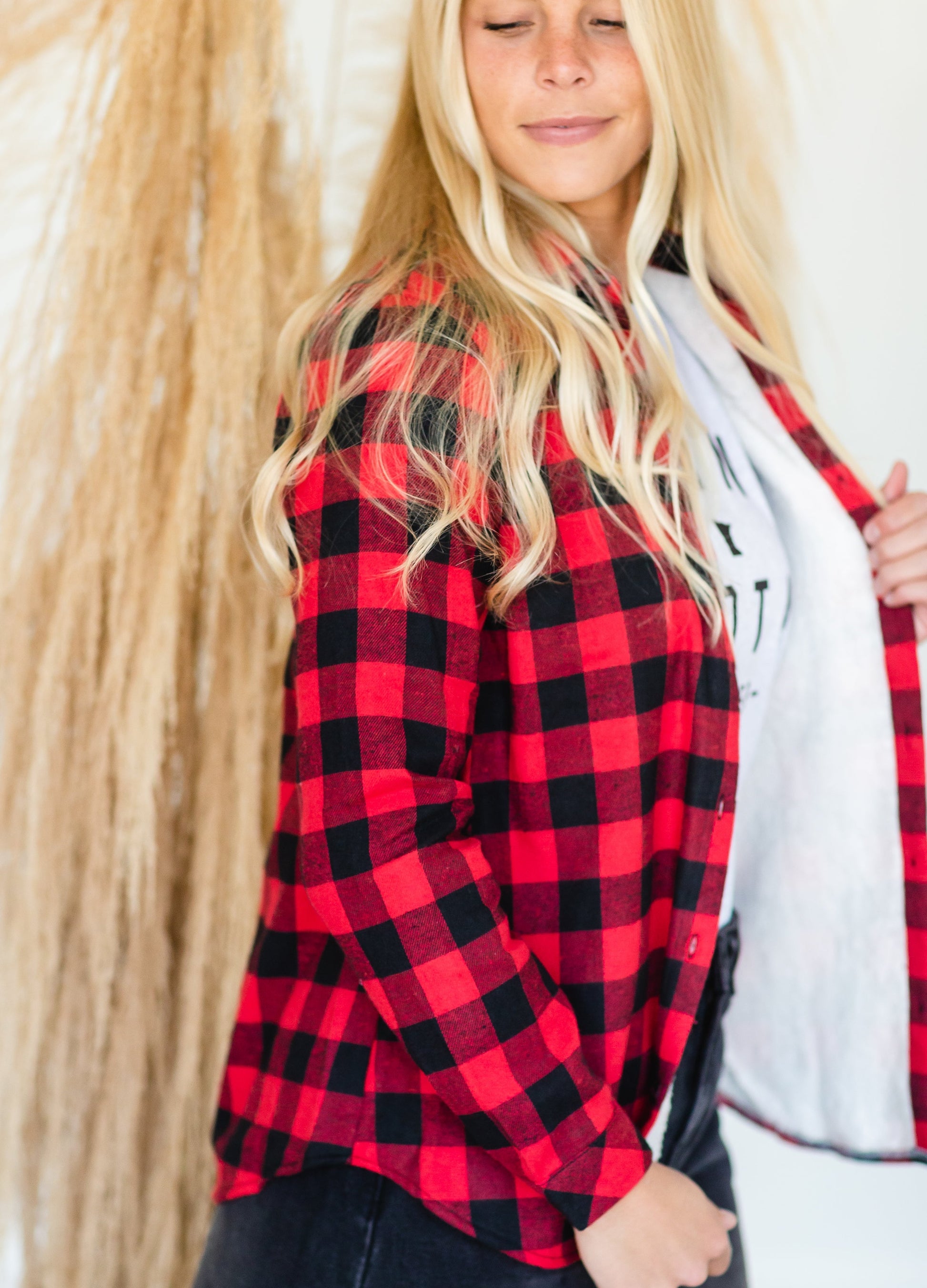 Red Checkered Plaid Fleece Lined Flannel - FINAL SALE Tops