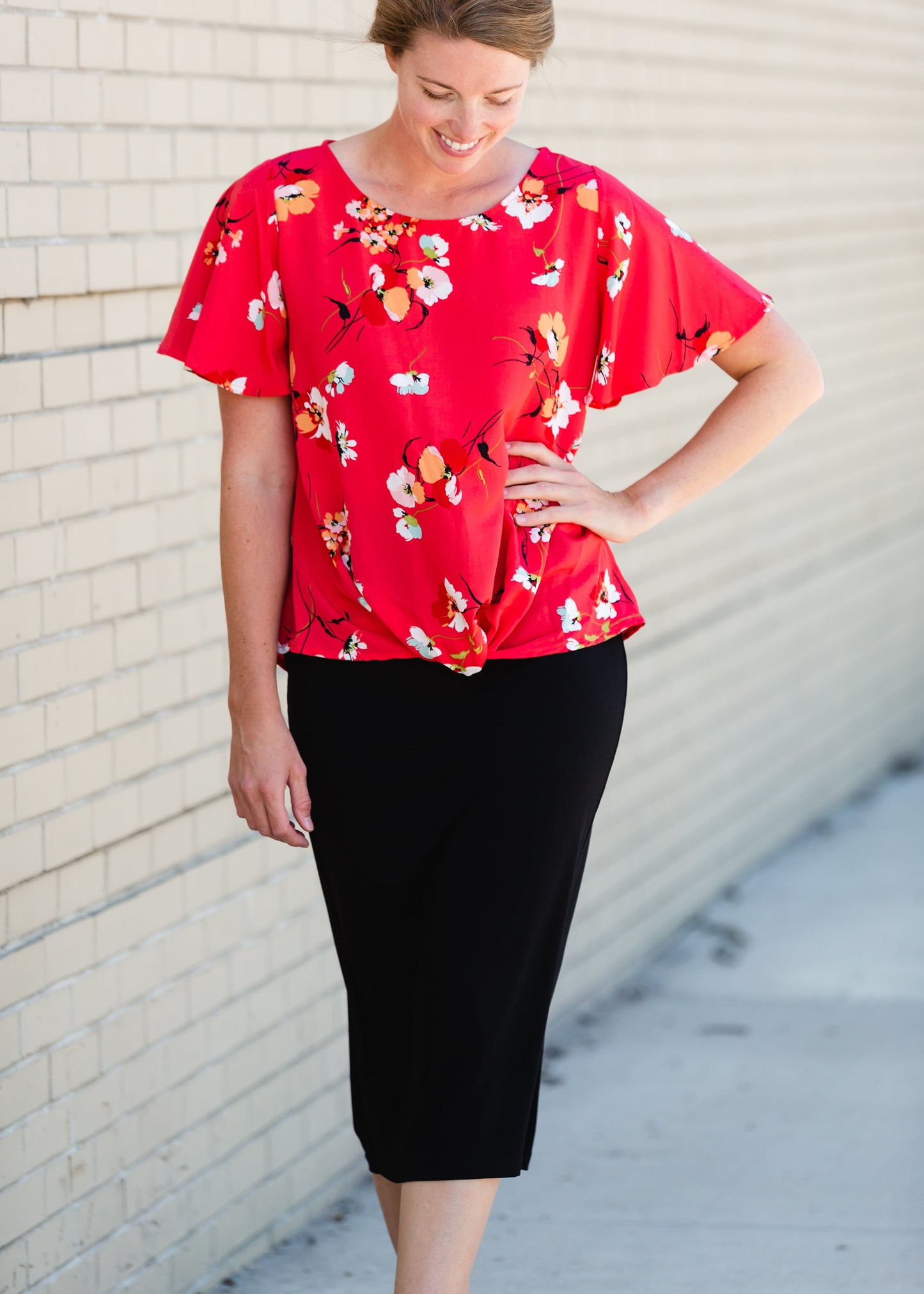 Red Floral Knot Front Top - FINAL SALE Tops