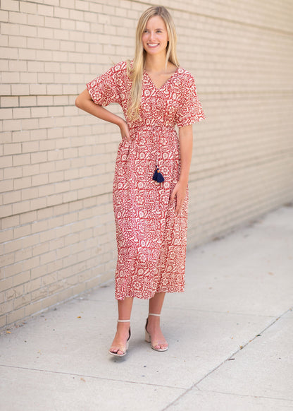 Red Short Sleeve V-Neck Maxi Dress Dresses