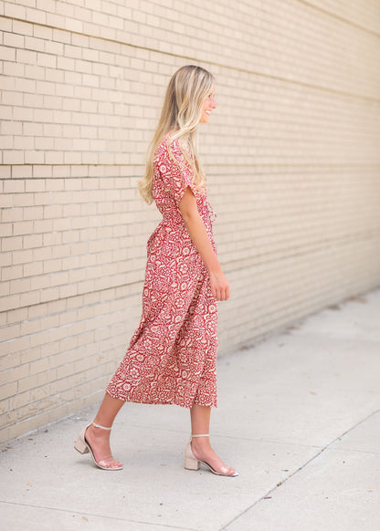 Red Short Sleeve V-Neck Maxi Dress Dresses