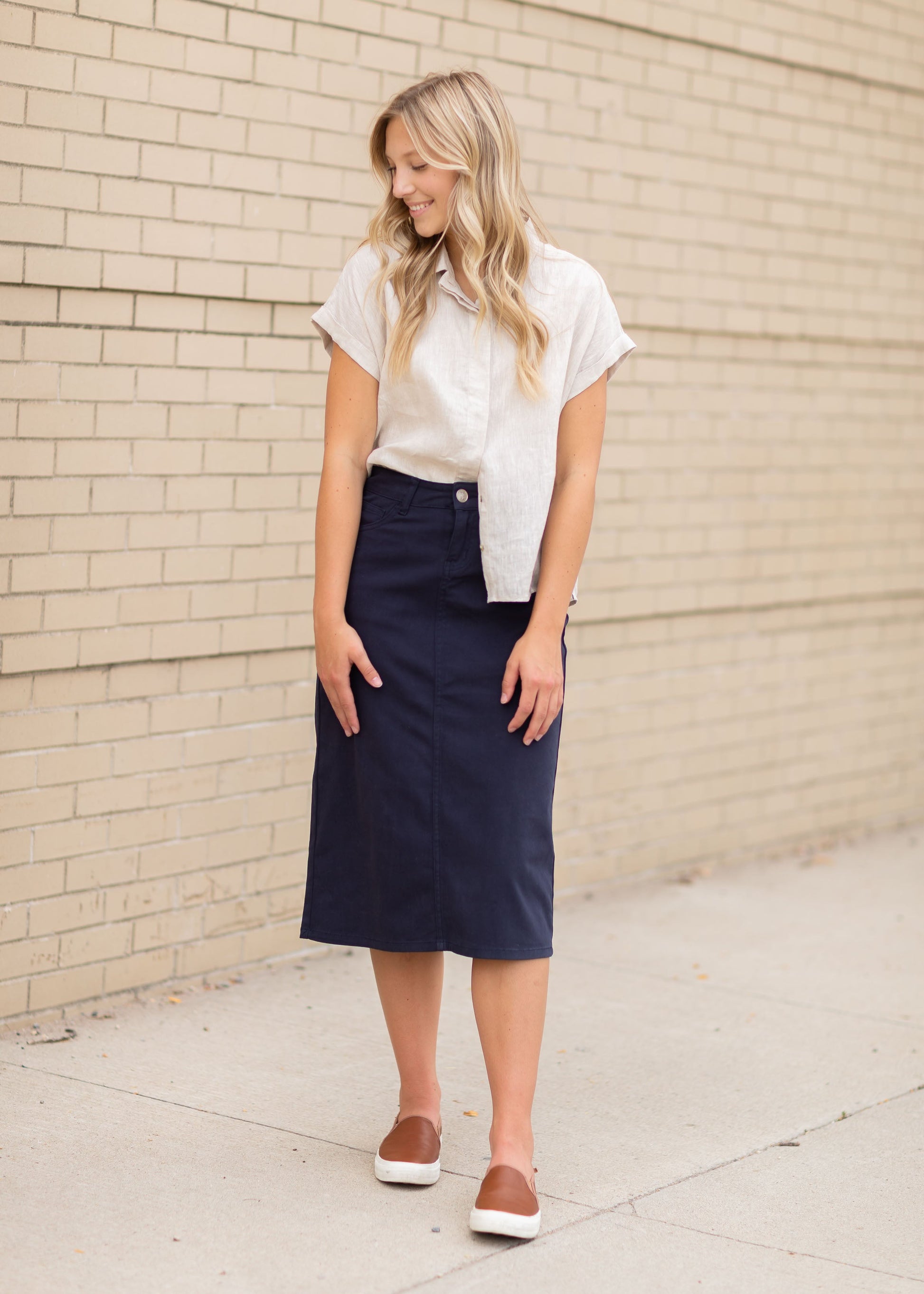 Remi Navy Night Denim Midi Skirt Skirts