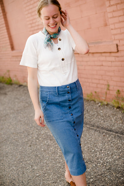 White modest v-neck button detail top