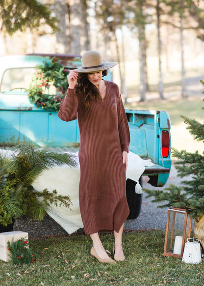 Ribbed V-neck Long Sleeve Sweater Dress - FINAL SALE Dresses