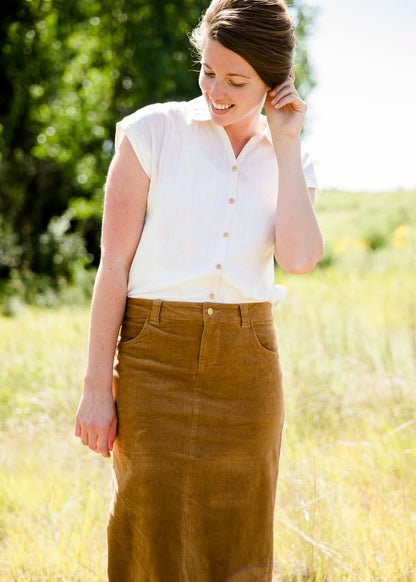 Women's button up modest cream and tan top 