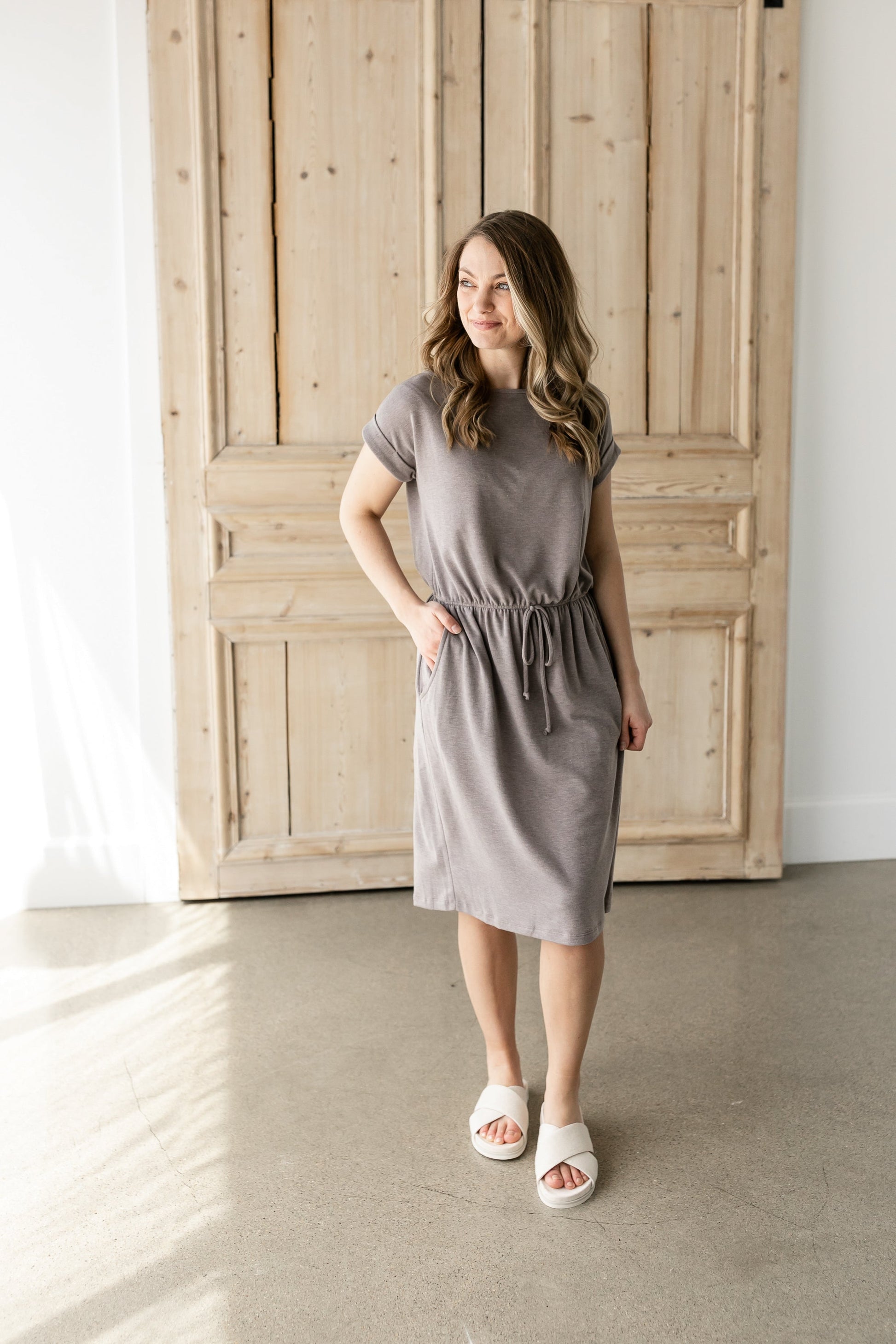 Rolled Sleeve Drawstring Midi Dress Dresses Chris & Carol