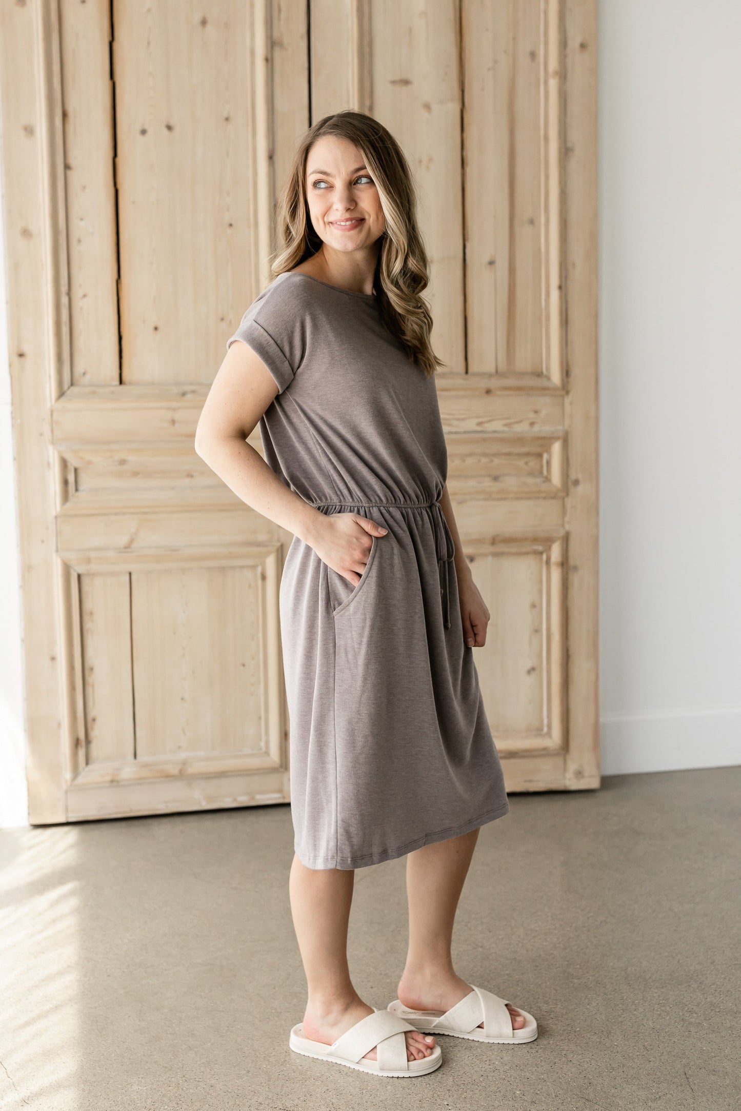 Rolled Sleeve Drawstring Midi Dress Dresses Chris & Carol