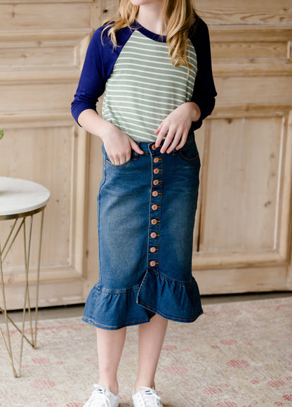 Ruffle Button Denim Jean Midi Skirt - FINAL SALE Skirts