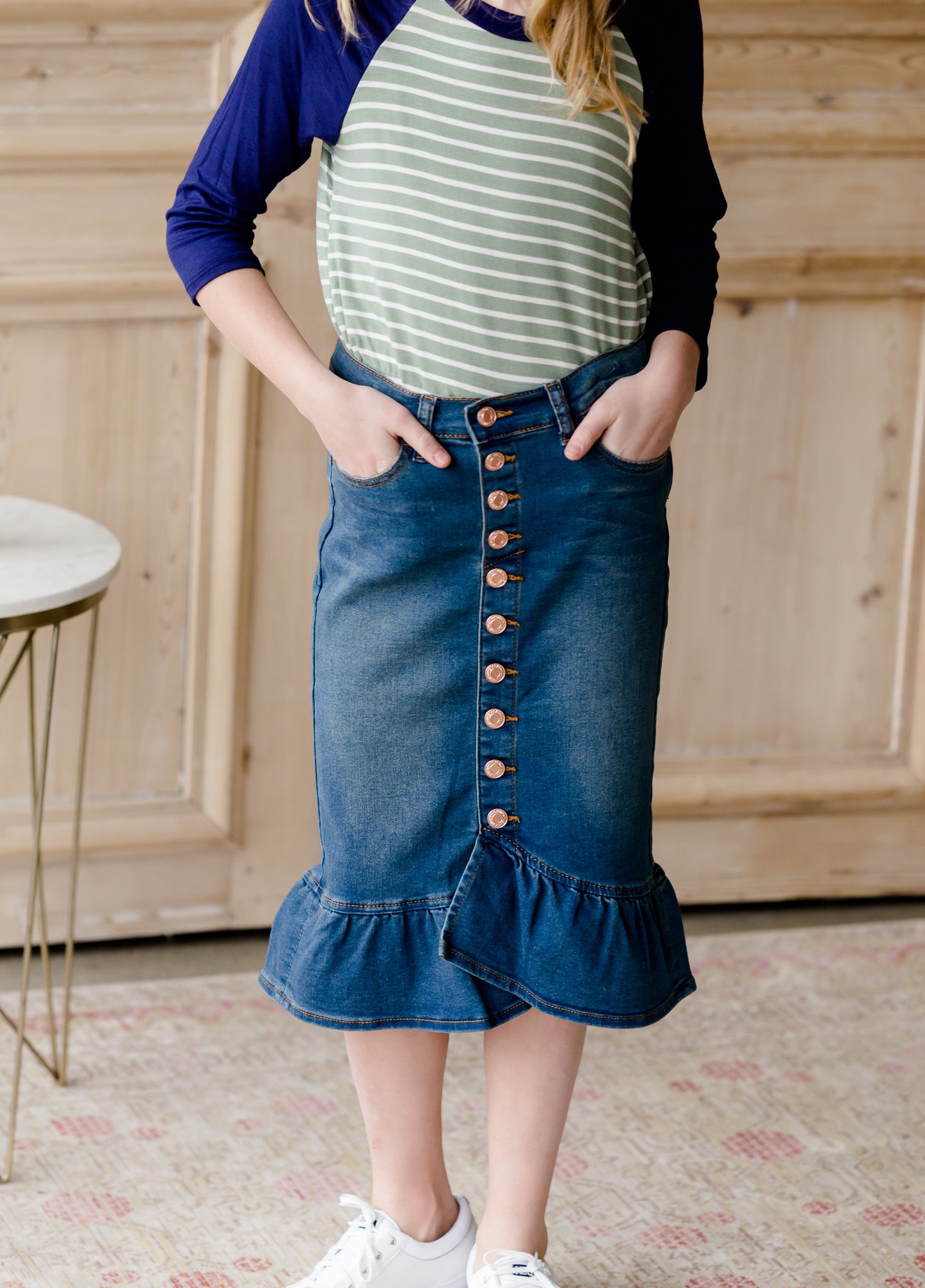 Ruffle Button Denim Jean Midi Skirt - FINAL SALE Skirts