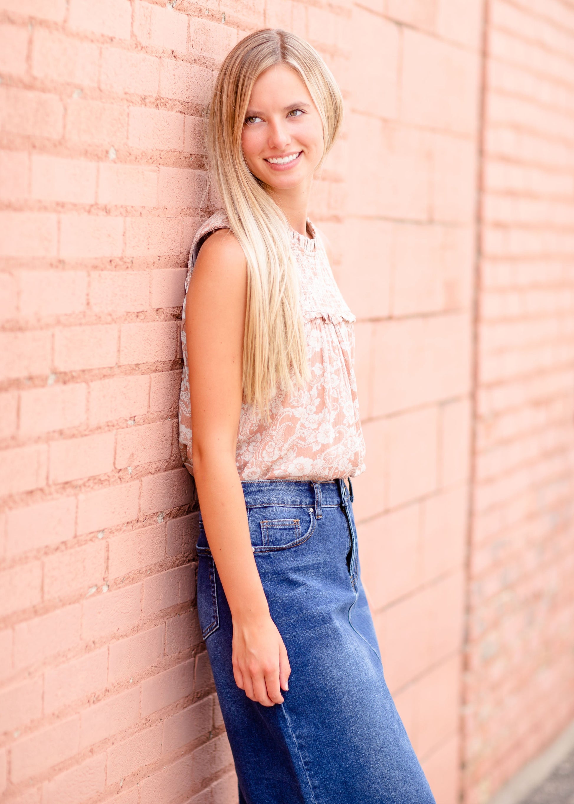 Ruffle Neck Smocked Bodice Top Tops