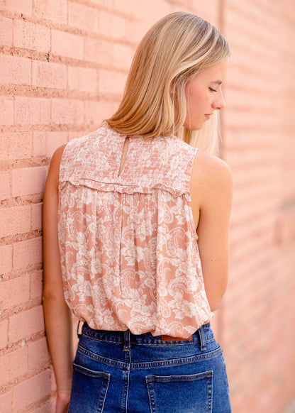 Ruffle Neck Smocked Bodice Top Tops