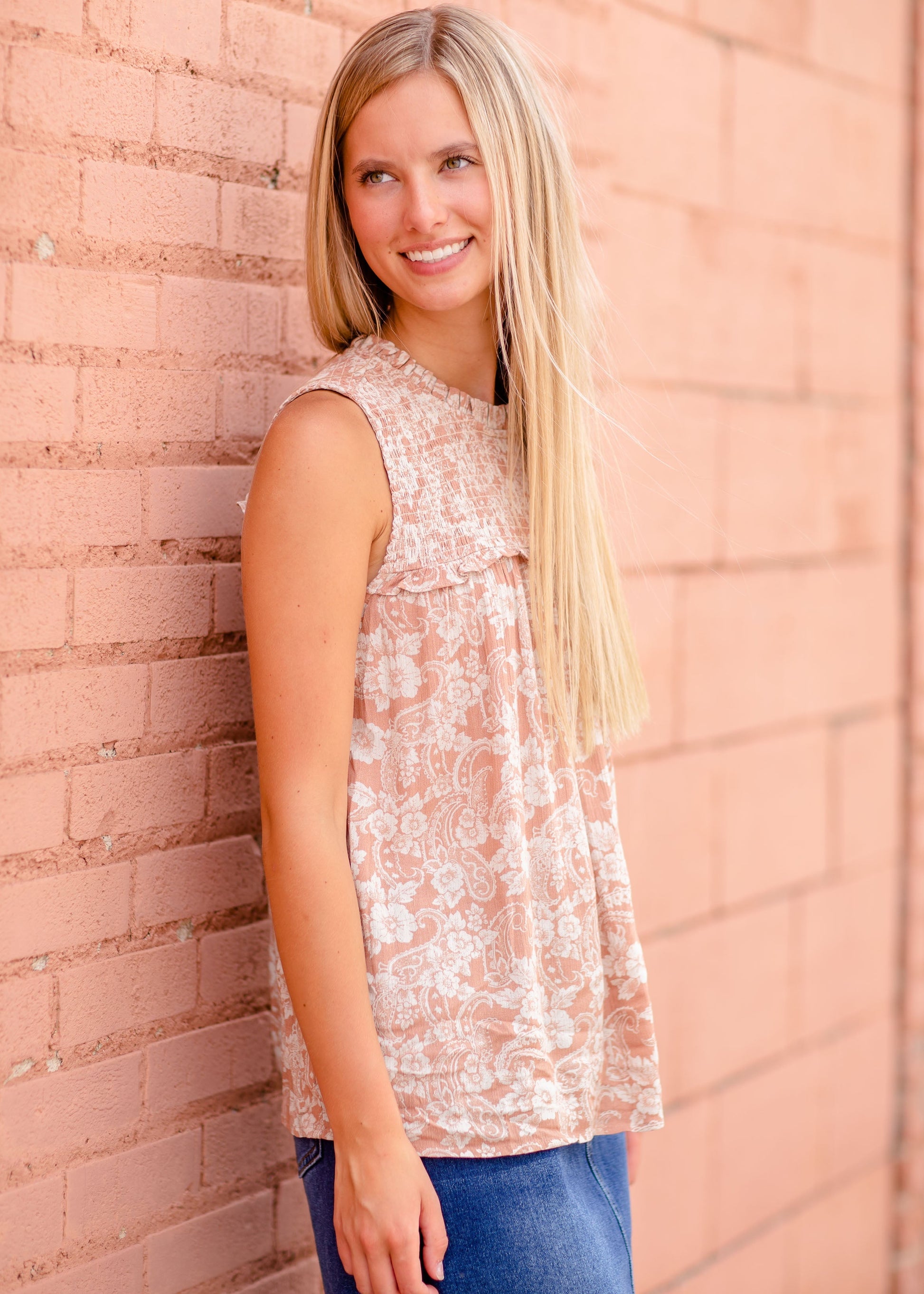 Ruffle Neck Smocked Bodice Top Tops