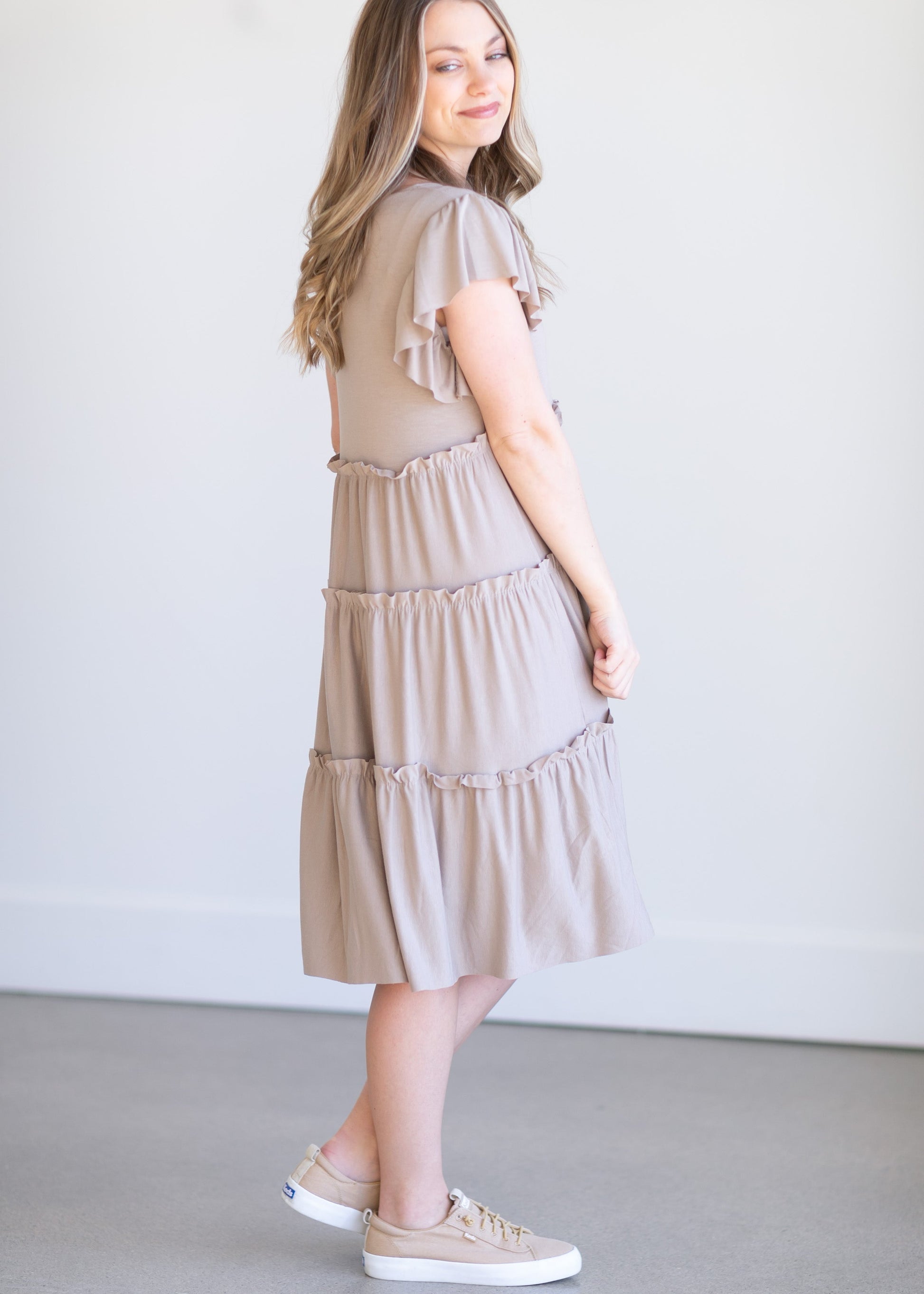 Ruffle Sleeve Tiered Midi Dress Dresses