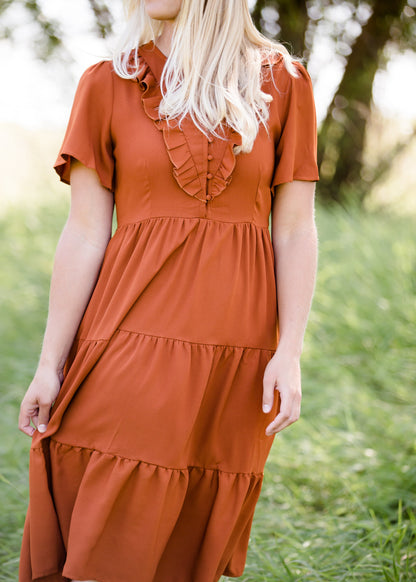 orange ruffle tiered midi dress