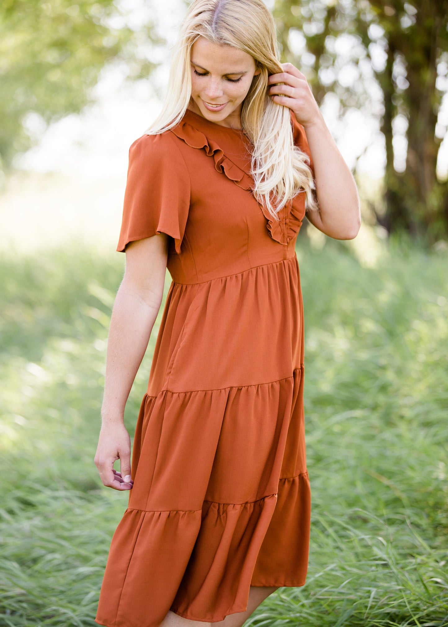 orange ruffle tiered midi dress