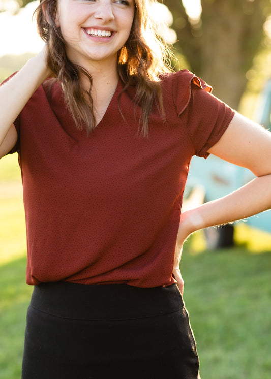 Rust Dotted Flutter Sleeve Blouse - FINAL SALE Tops