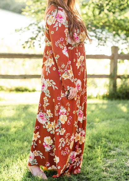 Rust Floral Long Sleeve Maxi Dress Dresses