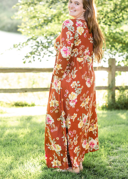 Rust Floral Long Sleeve Maxi Dress Dresses