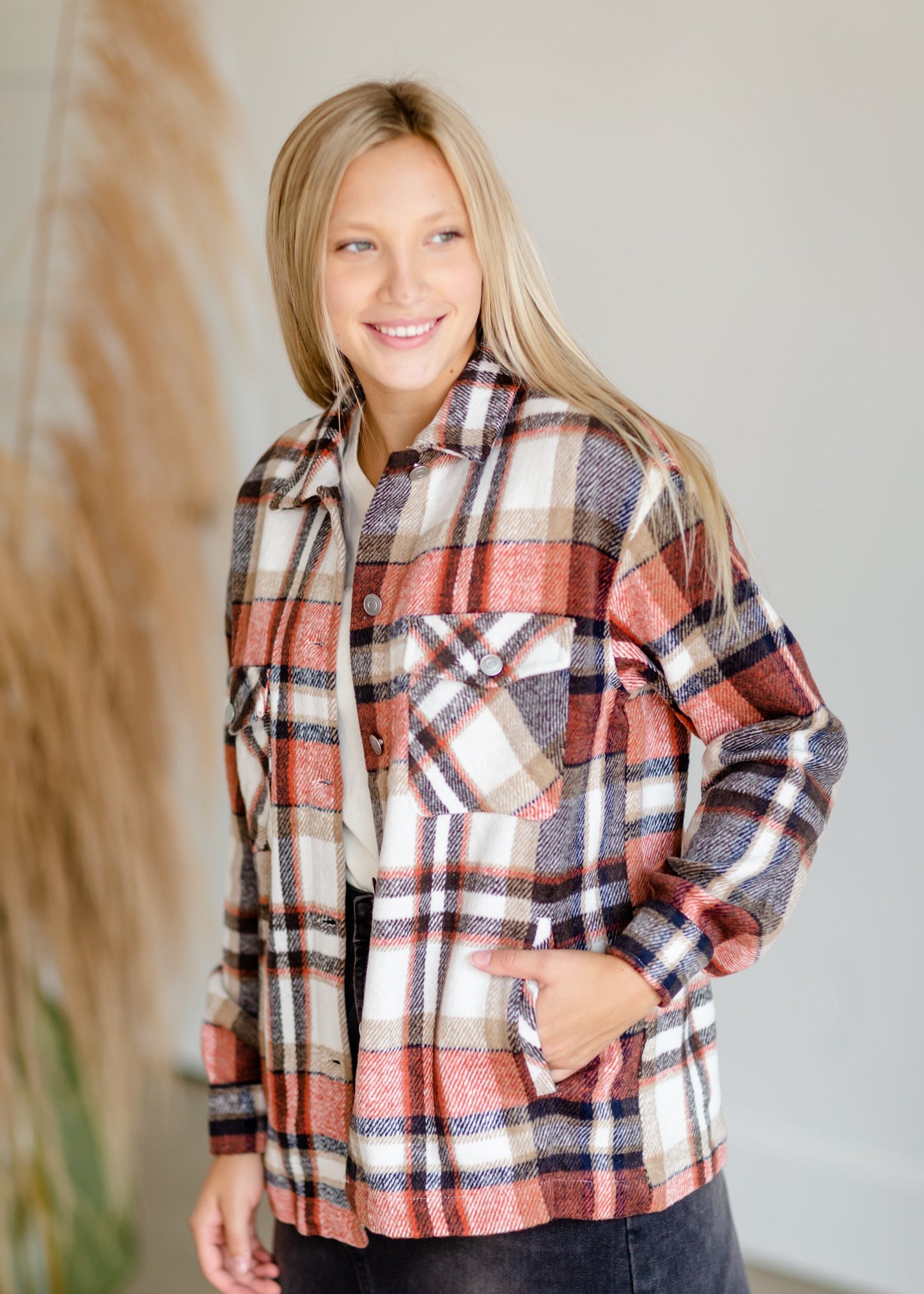 Rust Plaid Button Up Shacket Tops Staccato