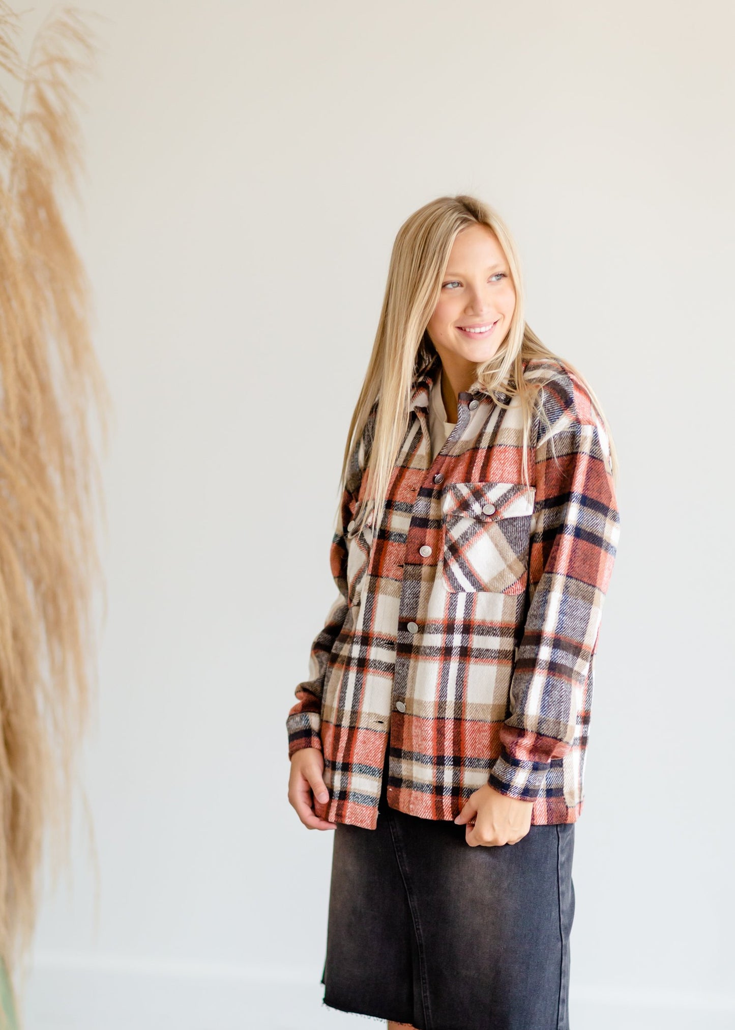 Rust Plaid Button Up Shacket Tops Staccato