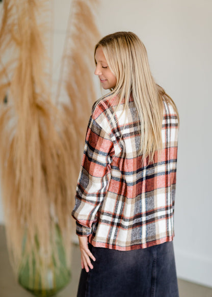 Rust Plaid Button Up Shacket Tops Staccato