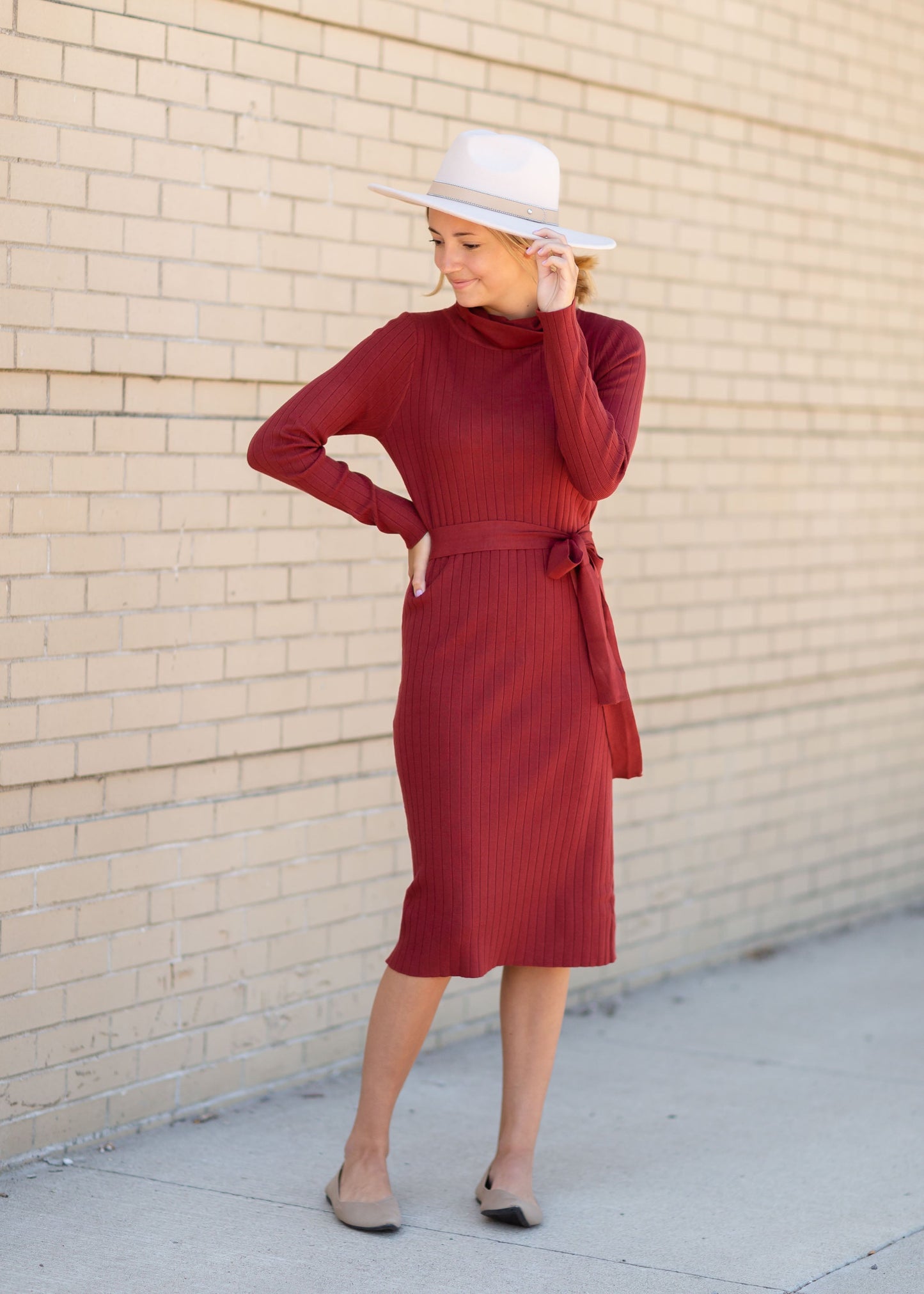 Rust Turtle Neck Knit Midi Dress Dresses