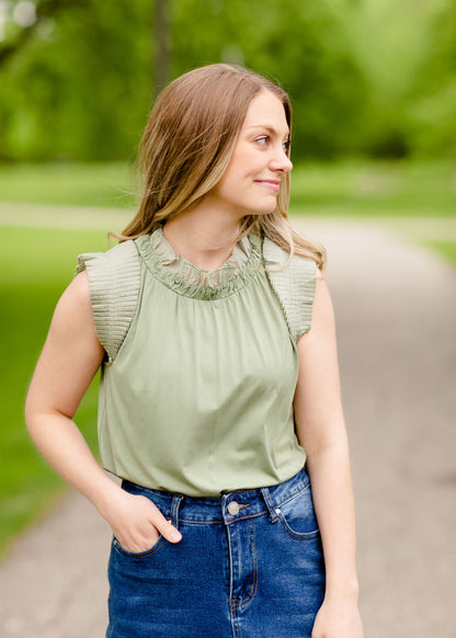 Sage Ruffle Sleeve Blouse Tops