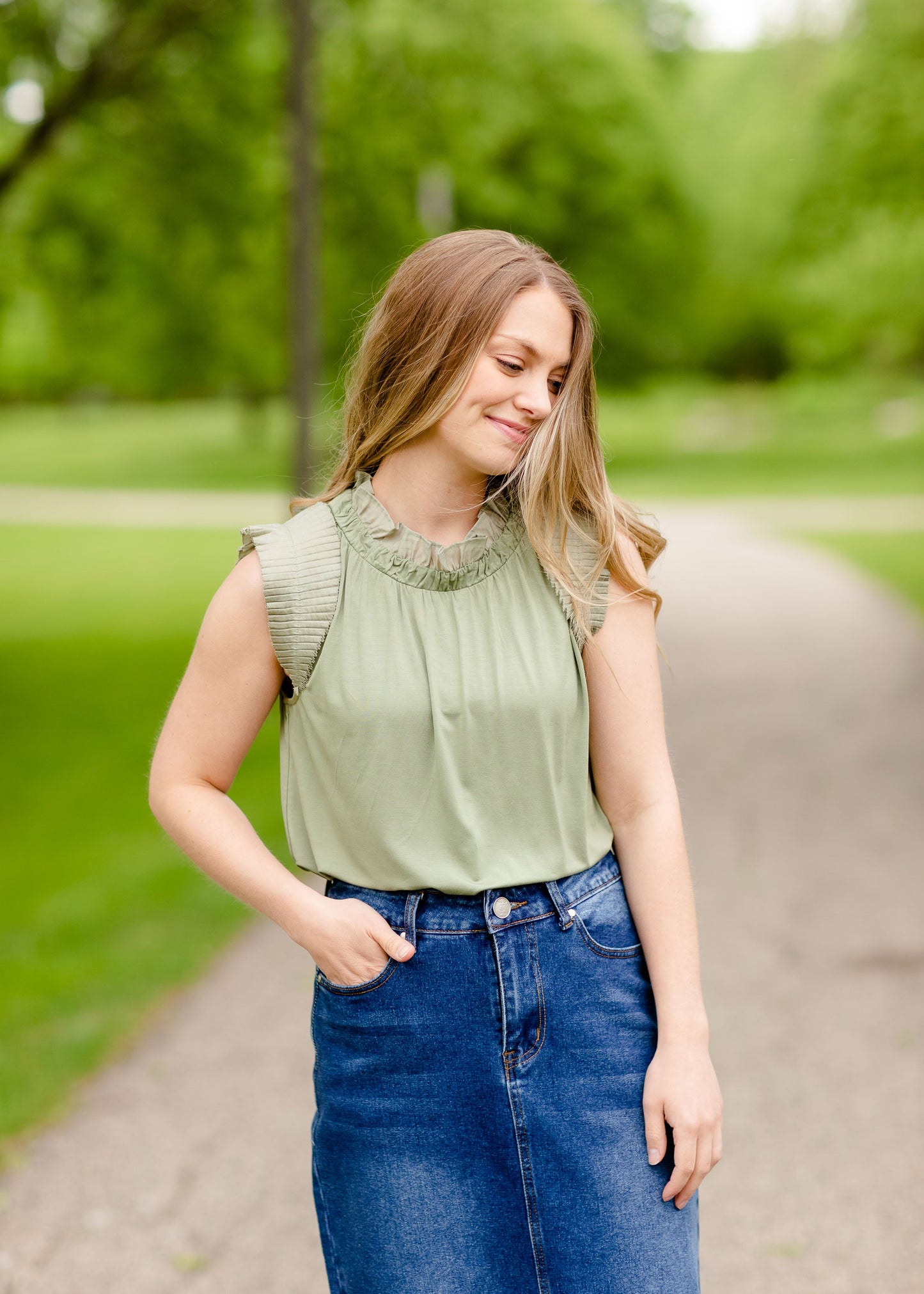 Sage Ruffle Sleeve Blouse Tops