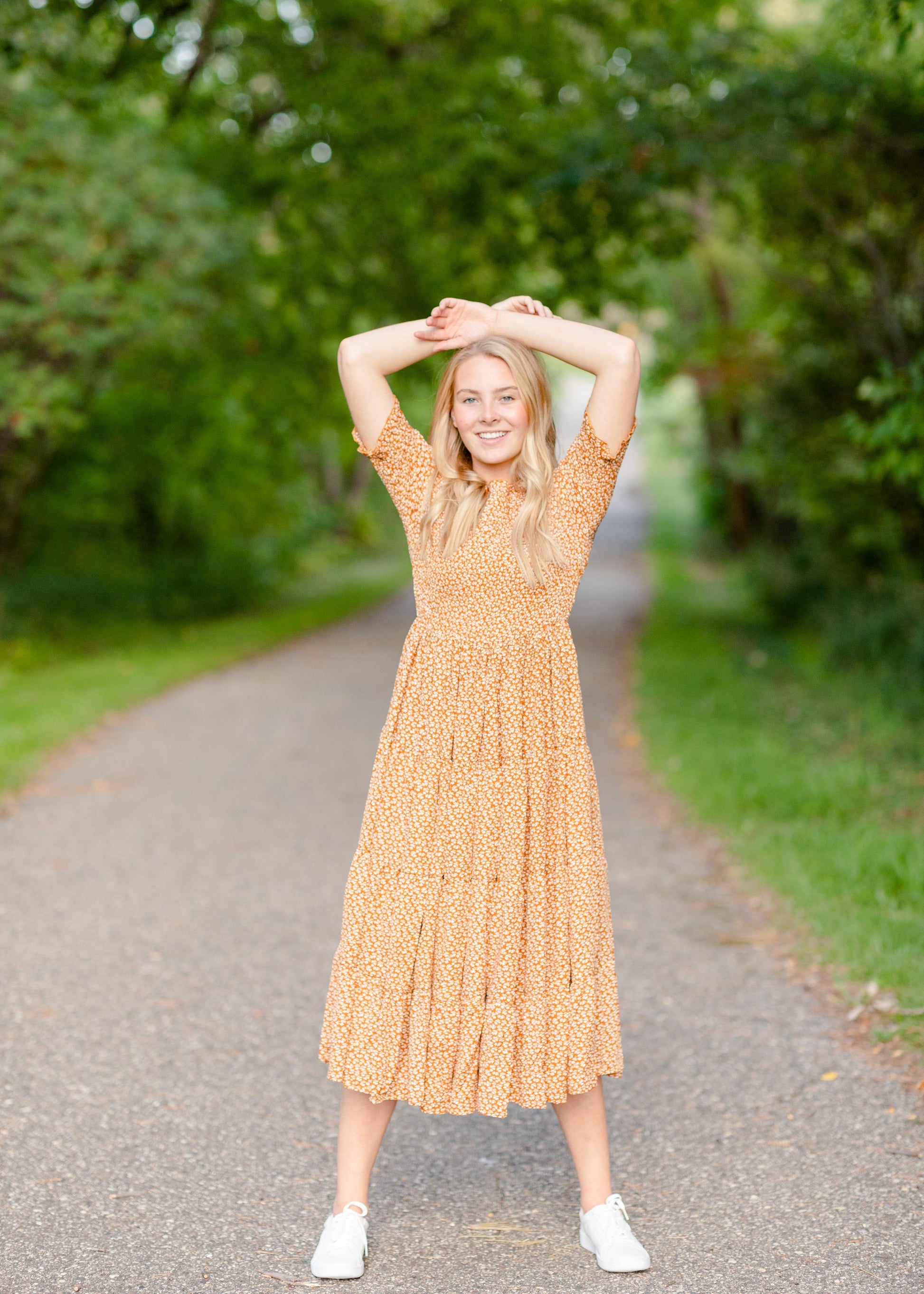 Smocked Bodice Ditsy Print Midi Dress Dresses Orange Creek/Tea N Rose