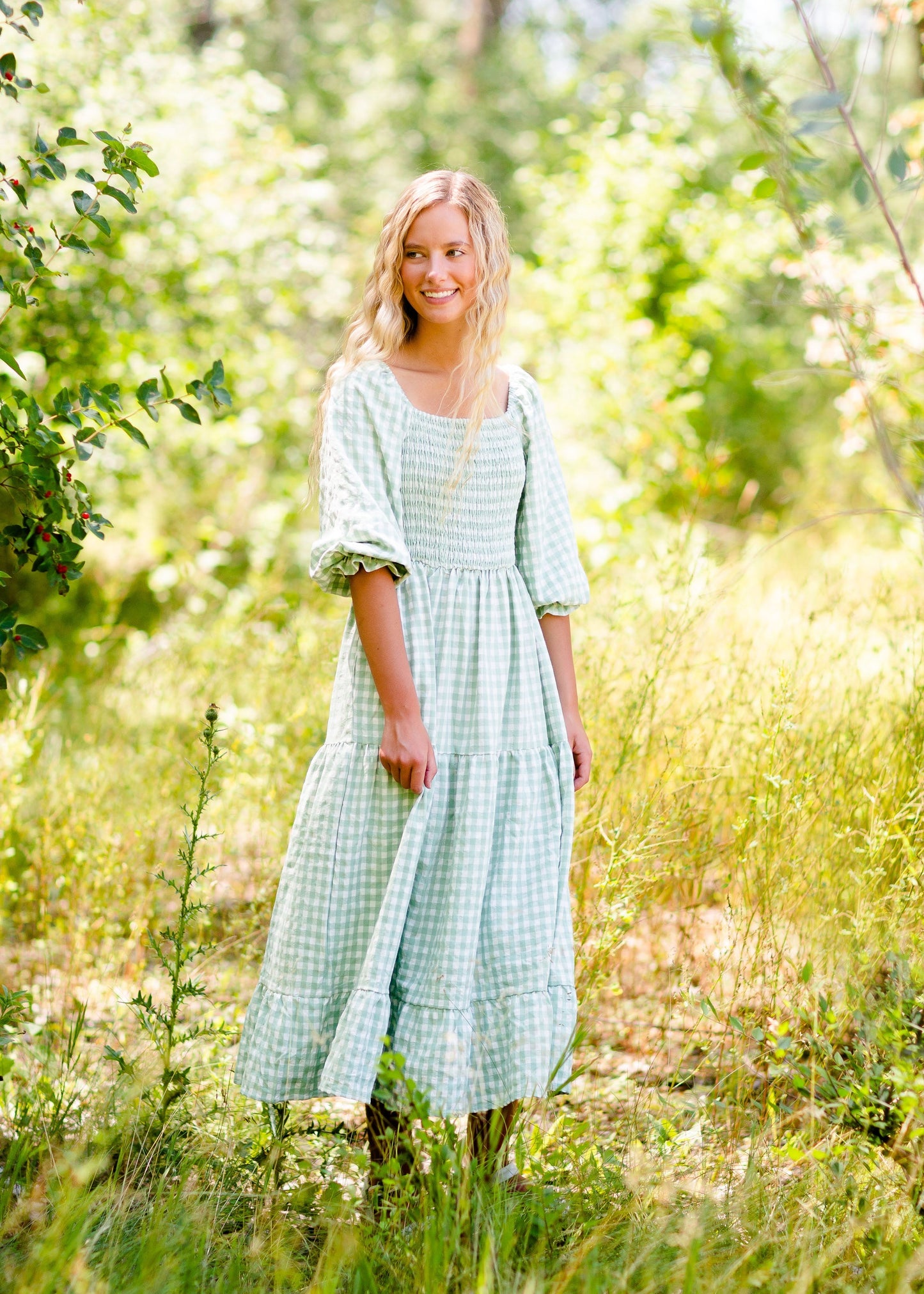 Smocked Bodice Gingham Maxi Dress Dresses