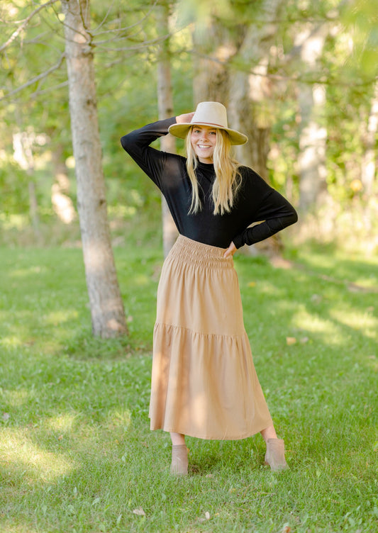 Smocked Waist Camel Maxi Skirt Skirts Tres Bien