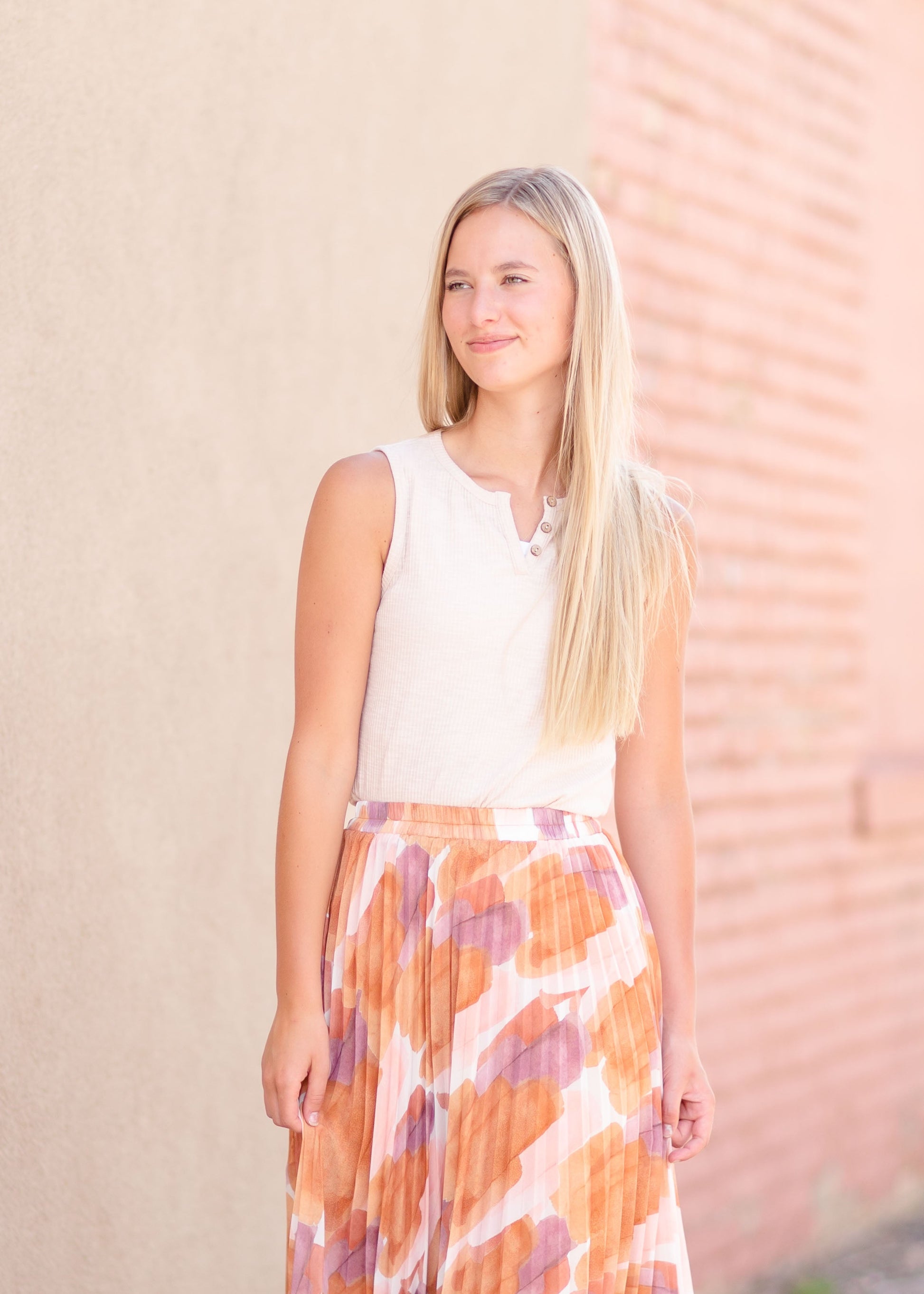 Split Neck Tank Top With Buttons Tops Oatmeal / S