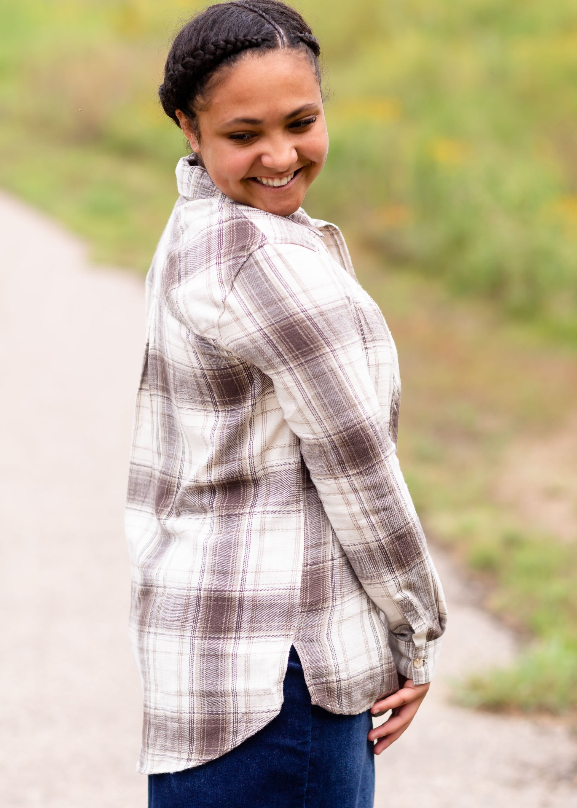 Stone Plaid Button Up Shirt Tops