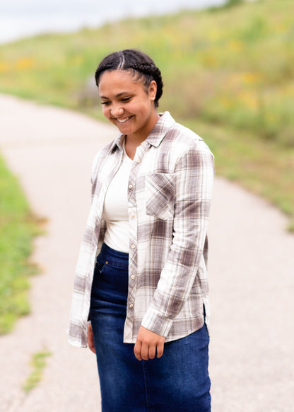 Stone Plaid Button Up Shirt Tops