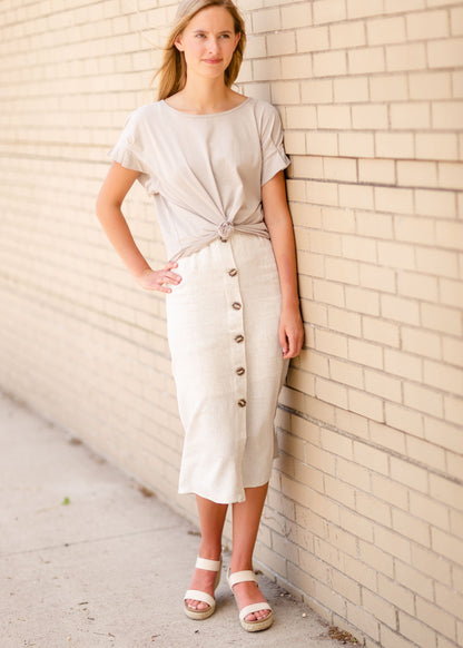 Tan Pleated Sleeve Round Neck Top Tops