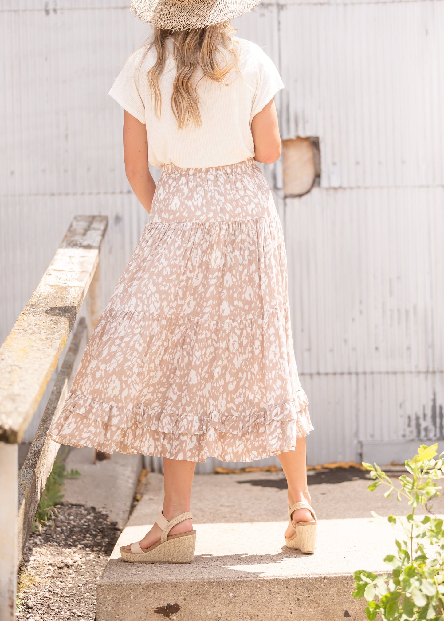 Tan Tiered Midi Skirt Skirts