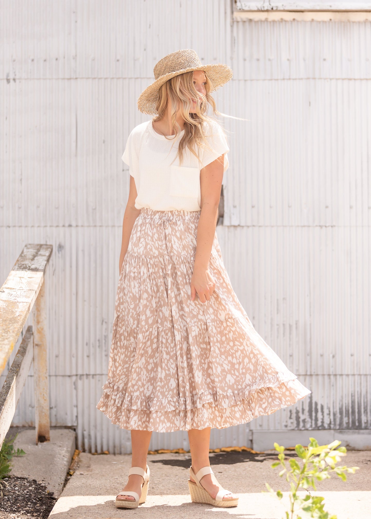 Tan Tiered Midi Skirt Skirts