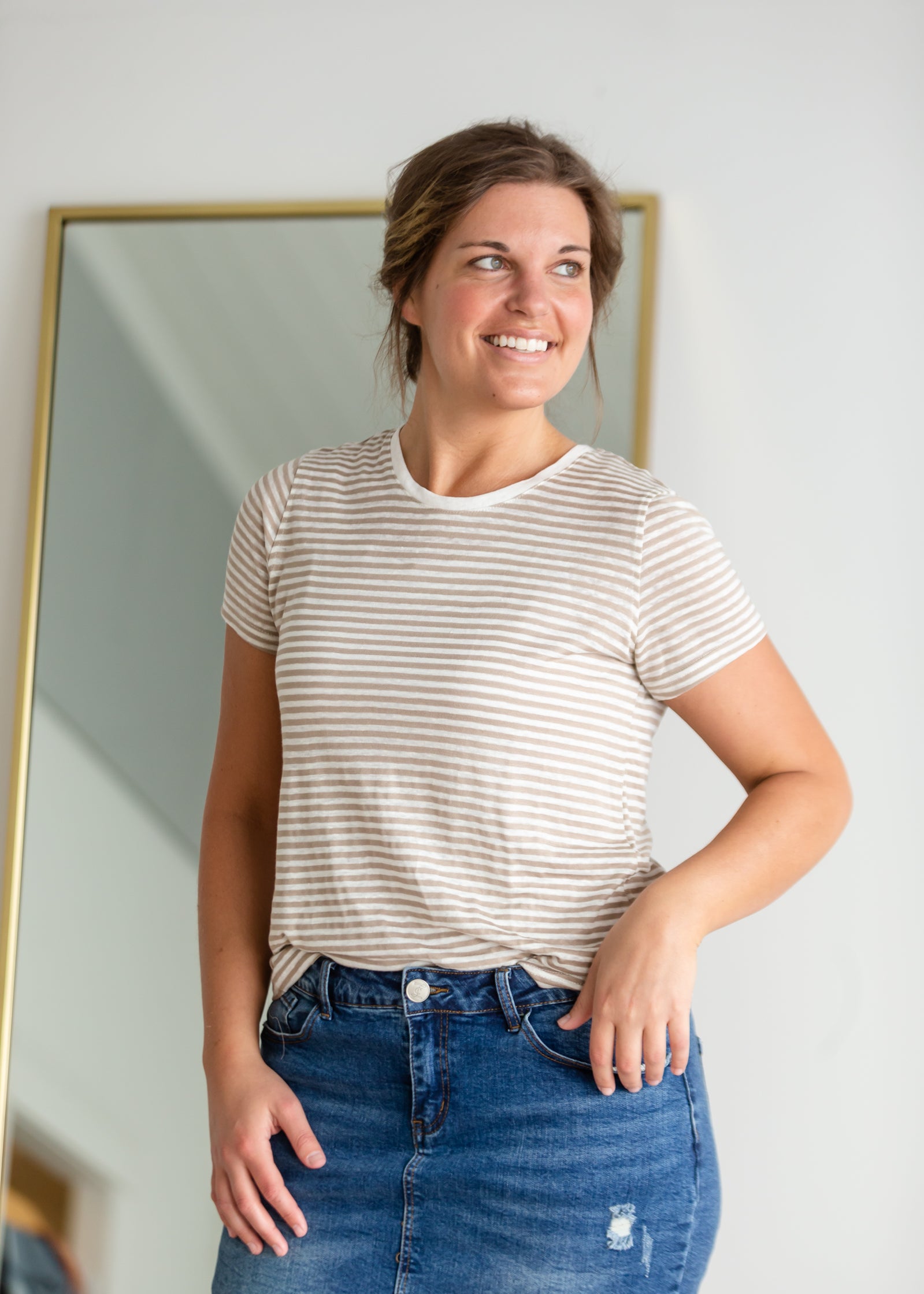 Taupe & Cream Striped Simple Tee Shirt Mod Ref