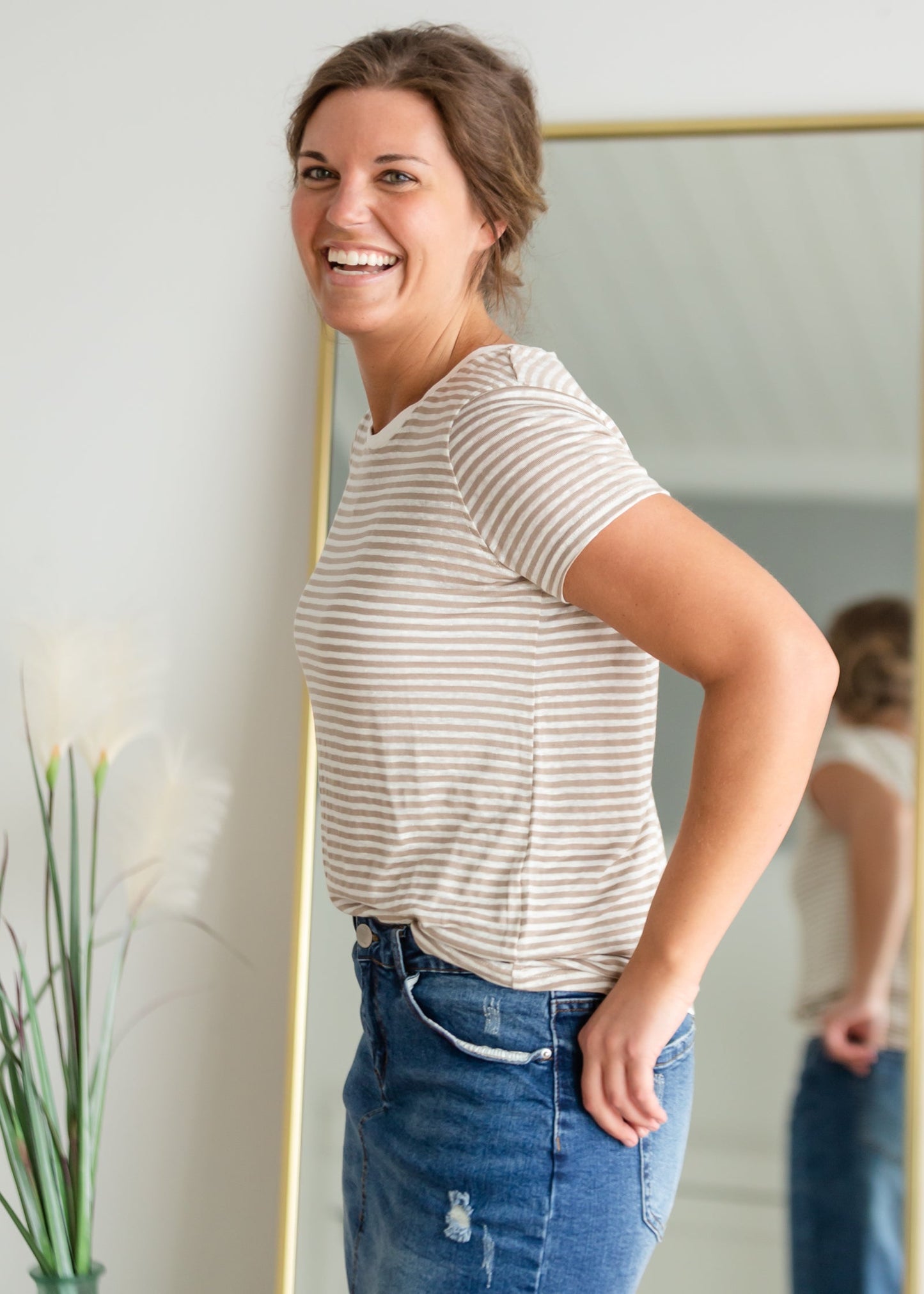 Taupe & Cream Striped Simple Tee Shirt Mod Ref