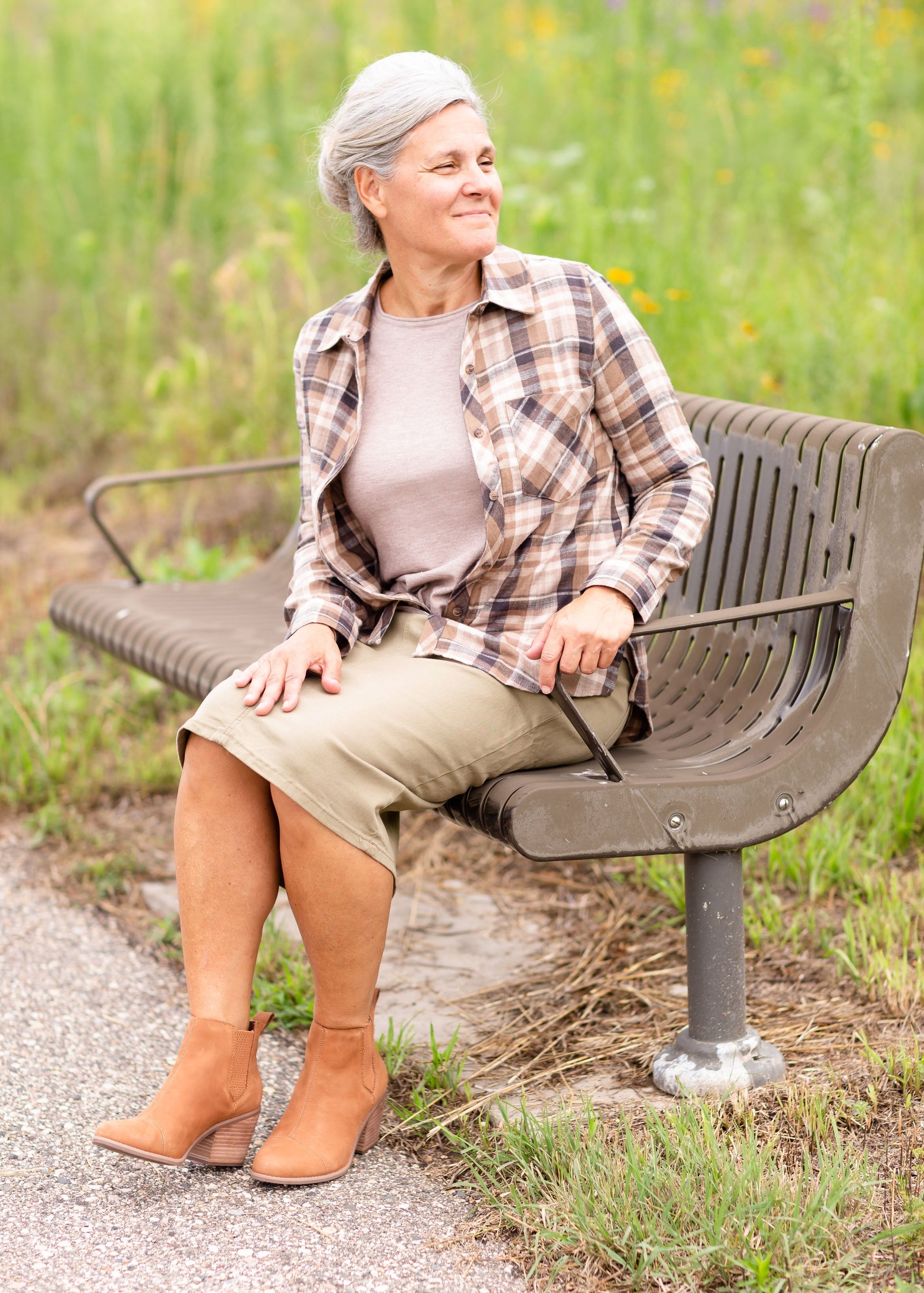 Taupe Front Pocket Plaid Button Up Tops