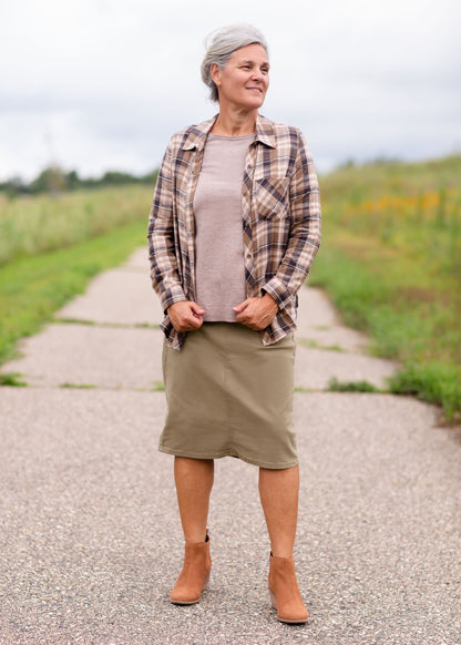 Taupe Front Pocket Plaid Button Up Tops