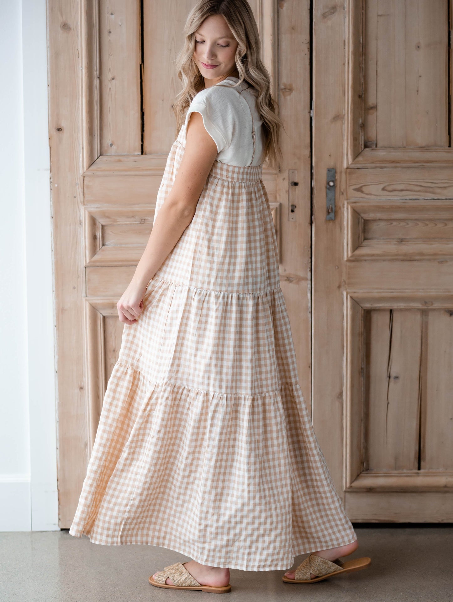 Taupe Gingham Sleeveless Tiered Maxi Dress Dresses By Together