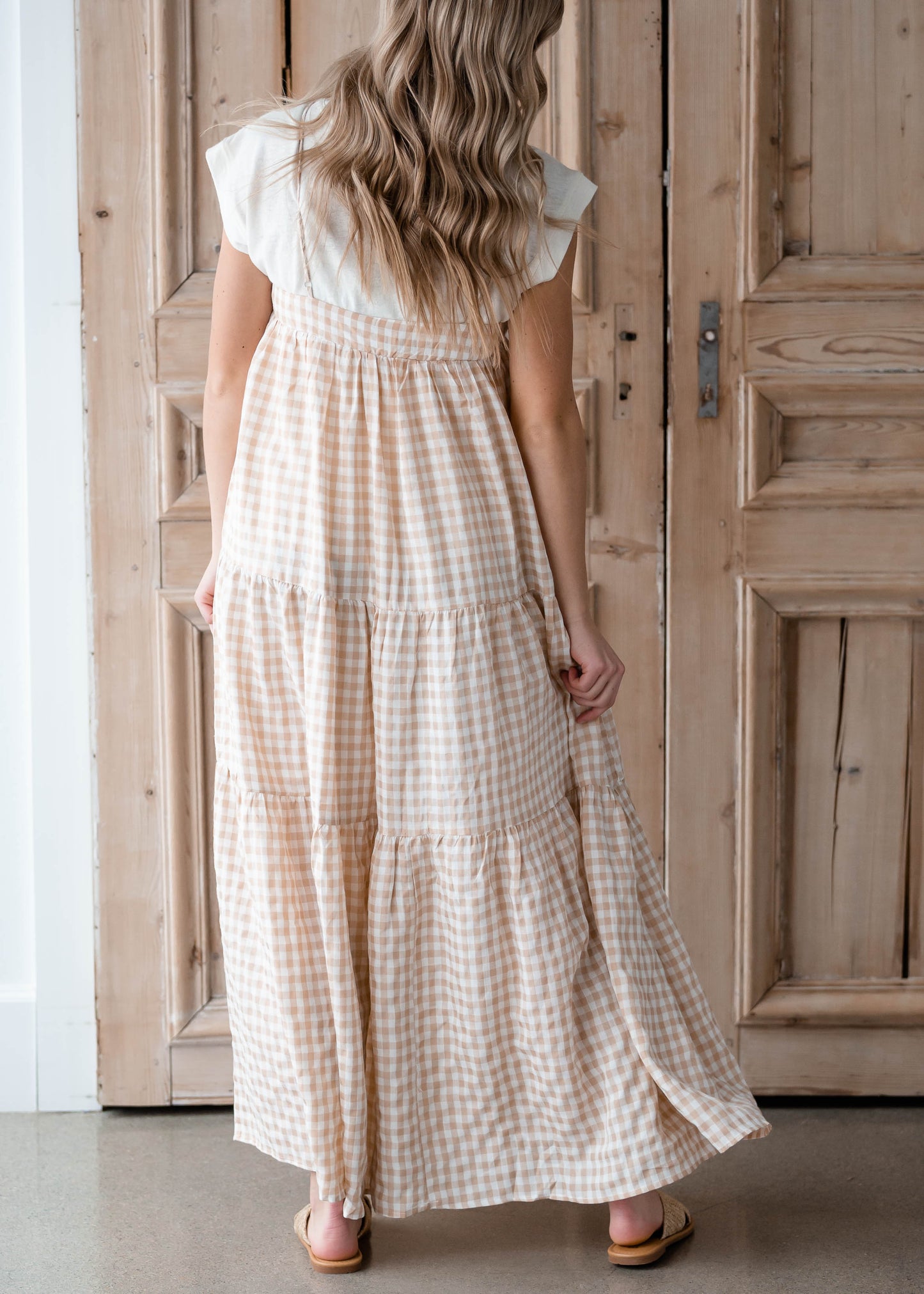 Taupe Gingham Sleeveless Tiered Maxi Dress Dresses By Together