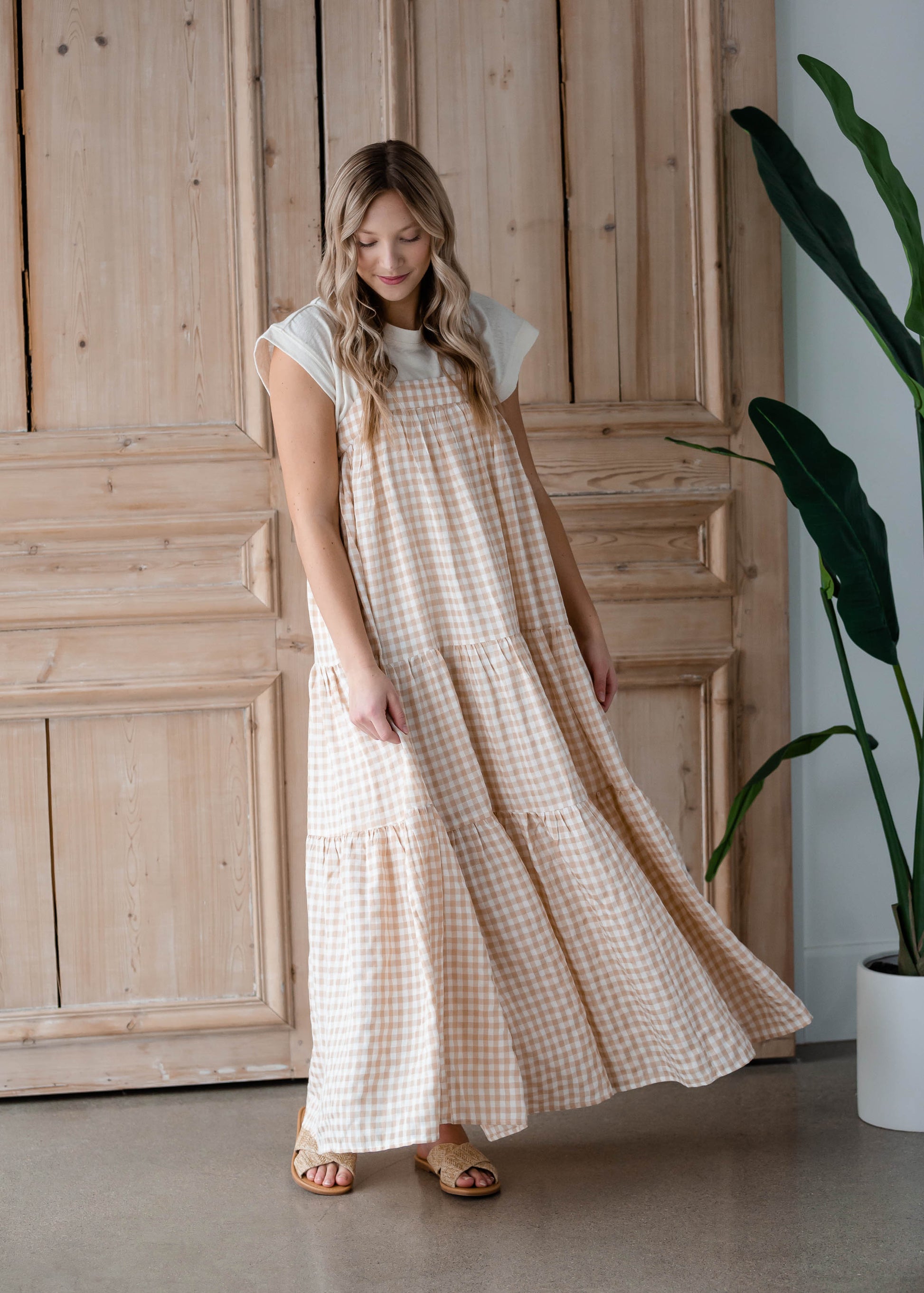 Taupe Gingham Sleeveless Tiered Maxi Dress Dresses By Together