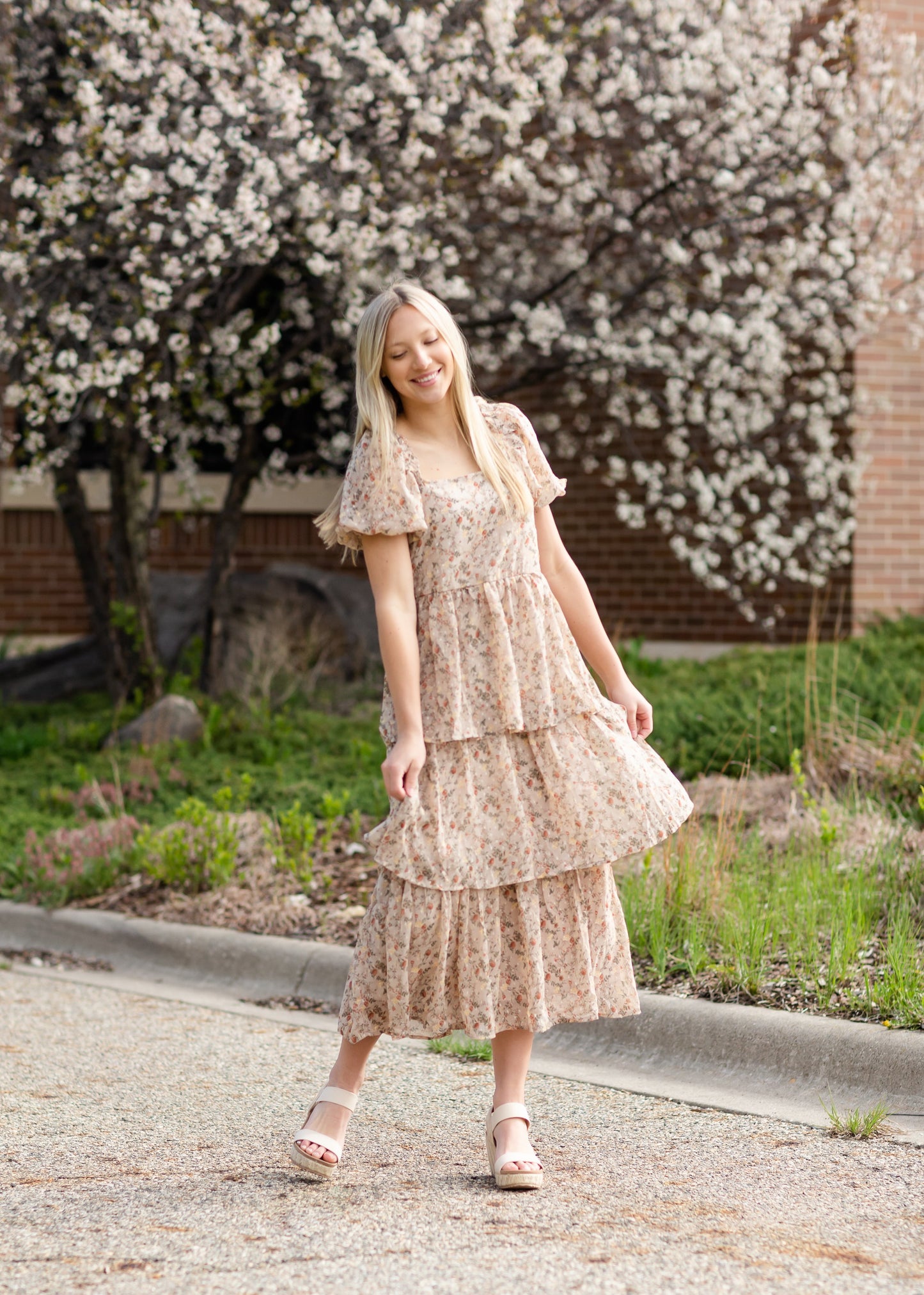 Taupe Square Neck Tiered Dress Dresses