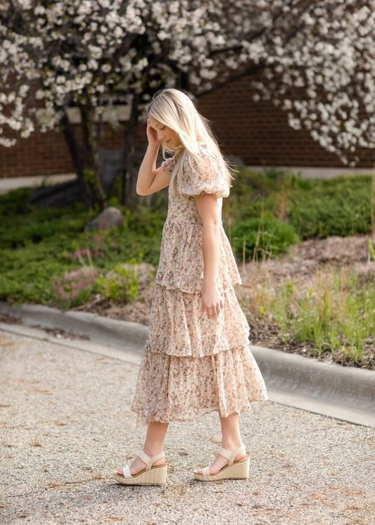 Taupe Square Neck Tiered Dress Dresses