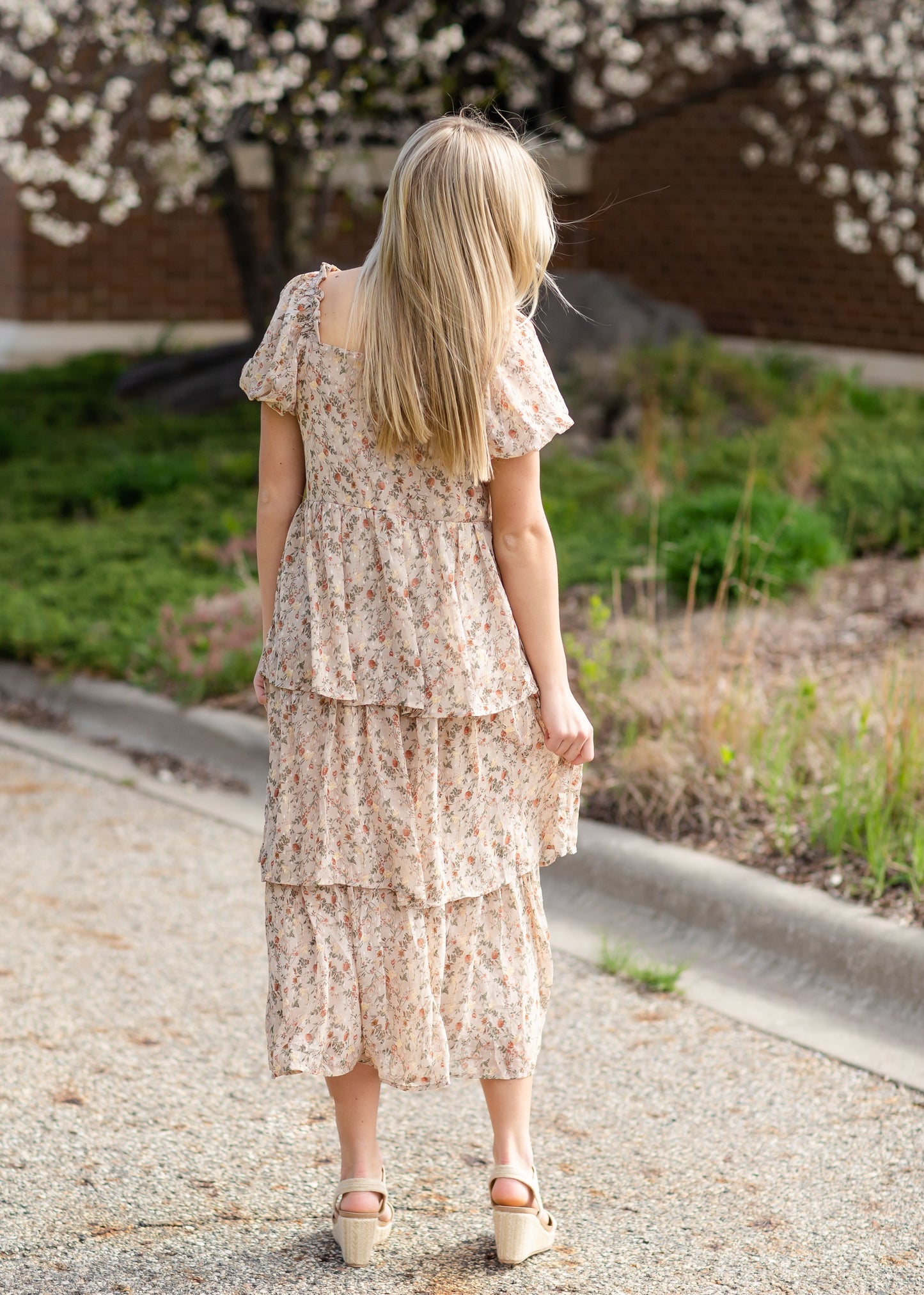 Taupe Square Neck Tiered Dress Dresses