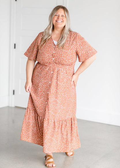 Terracotta Button Up Flutter Sleeve Dress Dresses