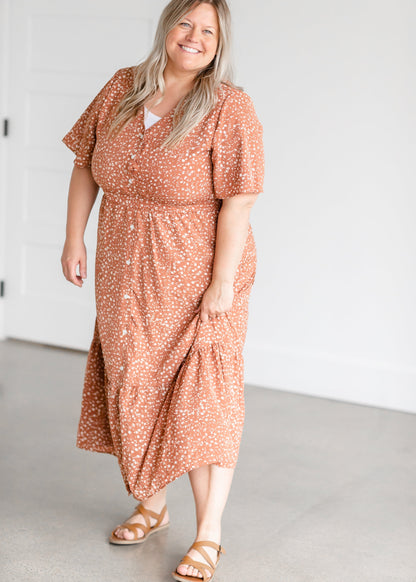 Terracotta Button Up Flutter Sleeve Dress Dresses