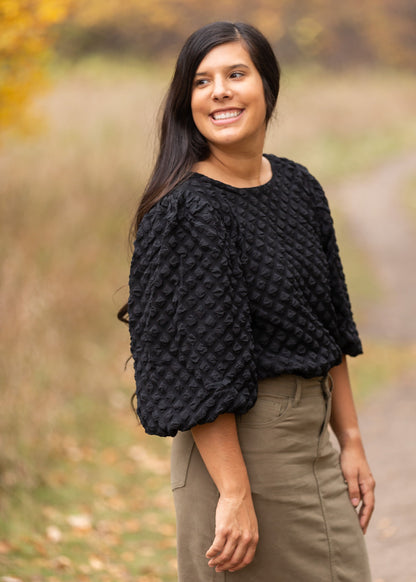 Textured Dotted Balloon Sleeve Blouse Tops